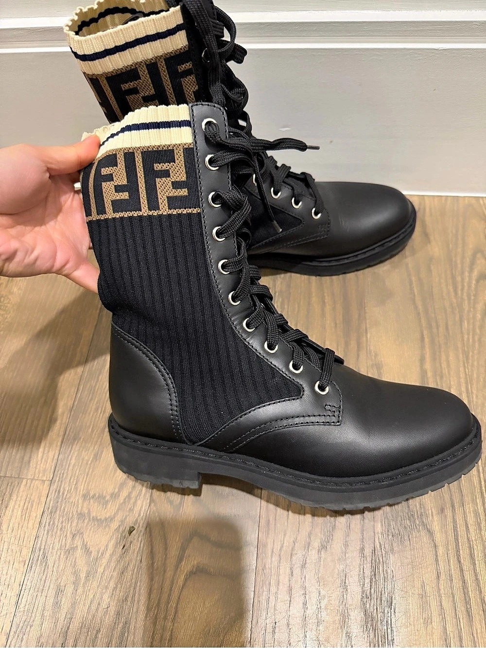 Fendi FF Logo Sock Combat Boots Black EU 37